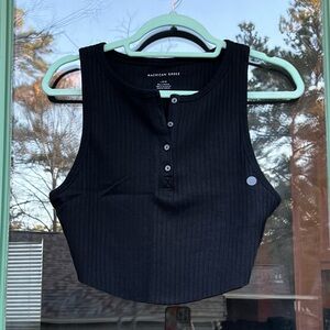 American Eagle Cotton Blend High Neck Ribbed Crop Button Up Tank Top Cami Black